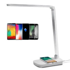 LED Schreibtischlampe Tischleuchte 5W Dimmbar Mit USB-Anschluß Und QI-wireless Charging Ladeschale Silber CCT 2700K-6400K 200lm L362xB110xH357mm