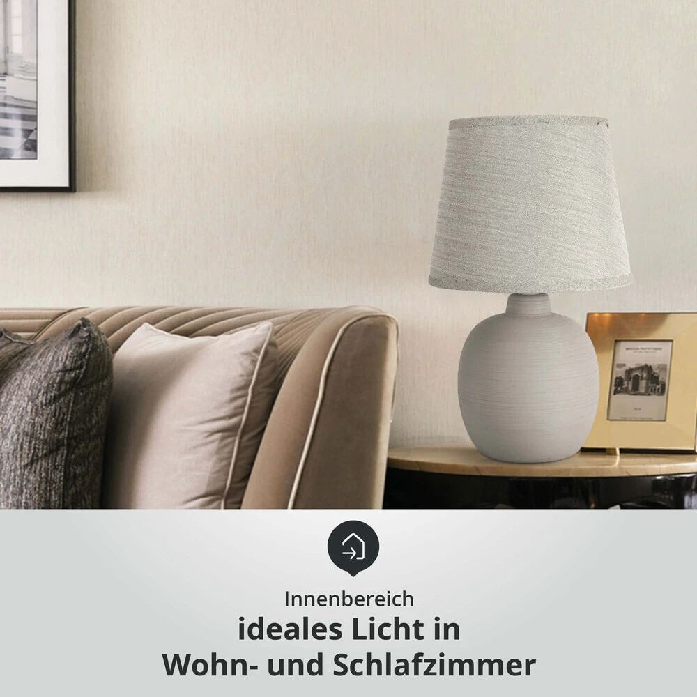 Tischleuchte Aus Keramik Mit Stoffschirm Rund Sockel E14 Hellgrau L170xB170xH310mm – Bild 2