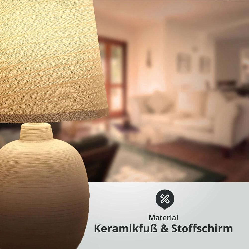 Tischleuchte Aus Keramik Mit Stoffschirm Rund Sockel E14 Hellgrau L170xB170xH310mm – Bild 3