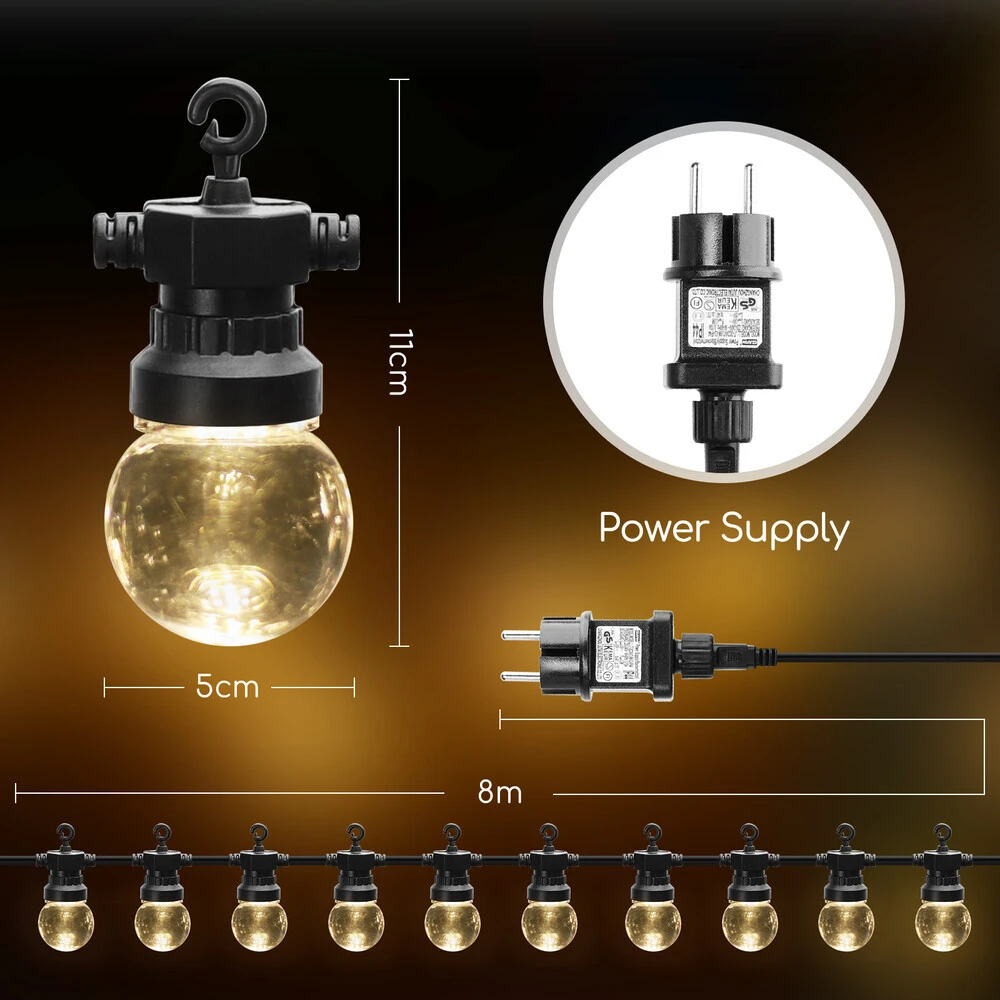 LED Deko-Party-Lichterkette 10 Lampen Transparent 8m 3,2V 6W Mit Steckernetzteil IP44 3000K – Bild 2