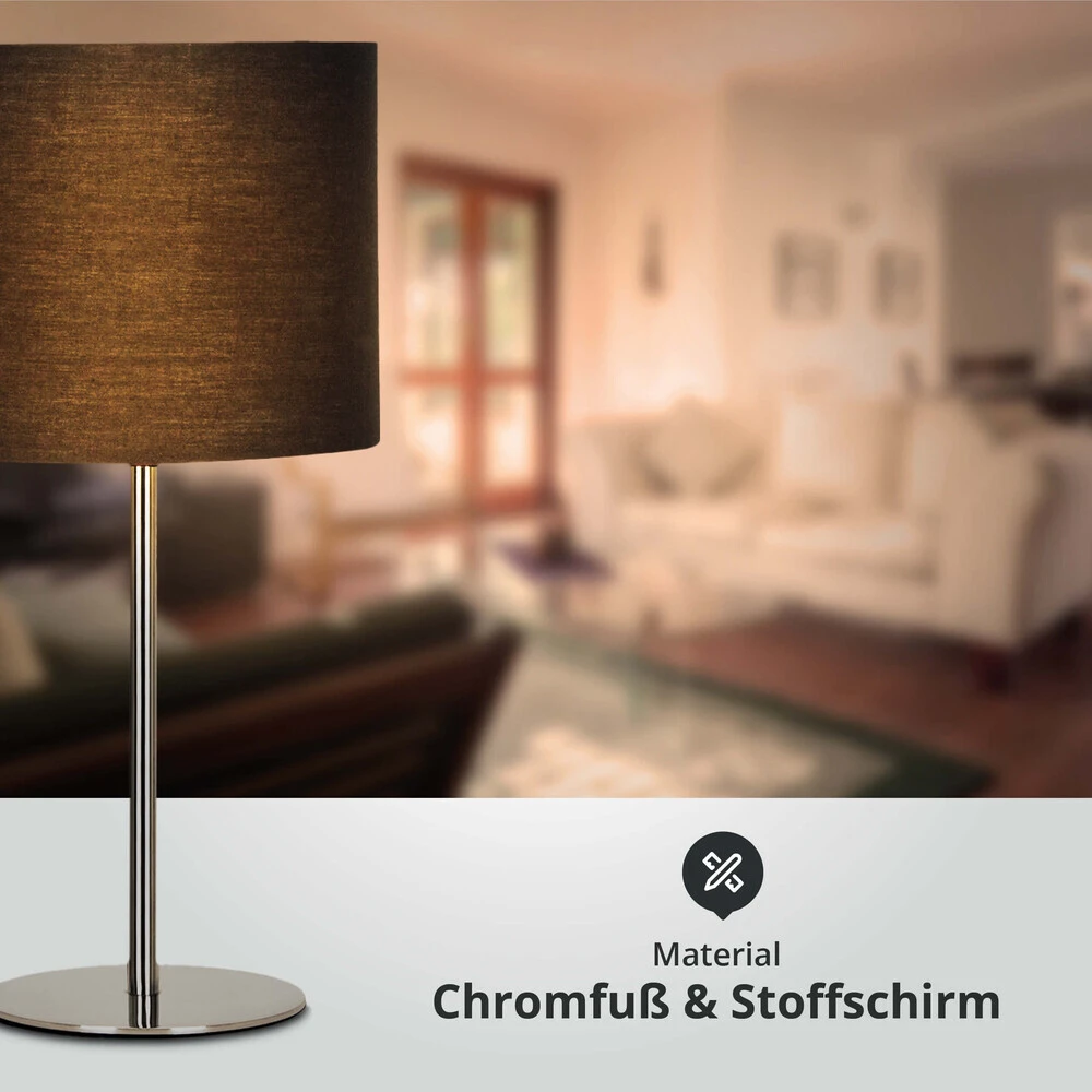Tischleuchte Mit Metallfuß Chrom Und Stoffschirm Schwarz Sockel E14 B170xH330mm – Bild 3