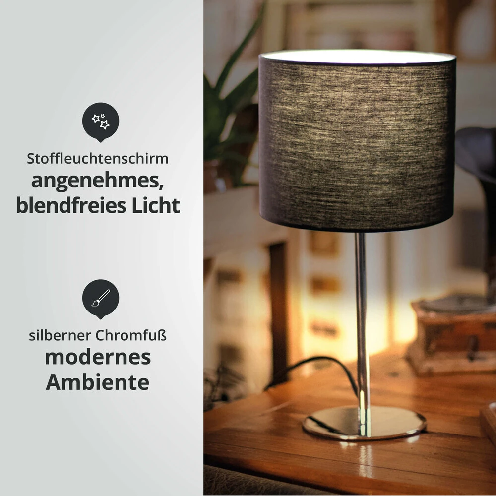 Tischleuchte Mit Metallfuß Chrom Und Stoffschirm Schwarz Sockel E14 B170xH330mm – Bild 4