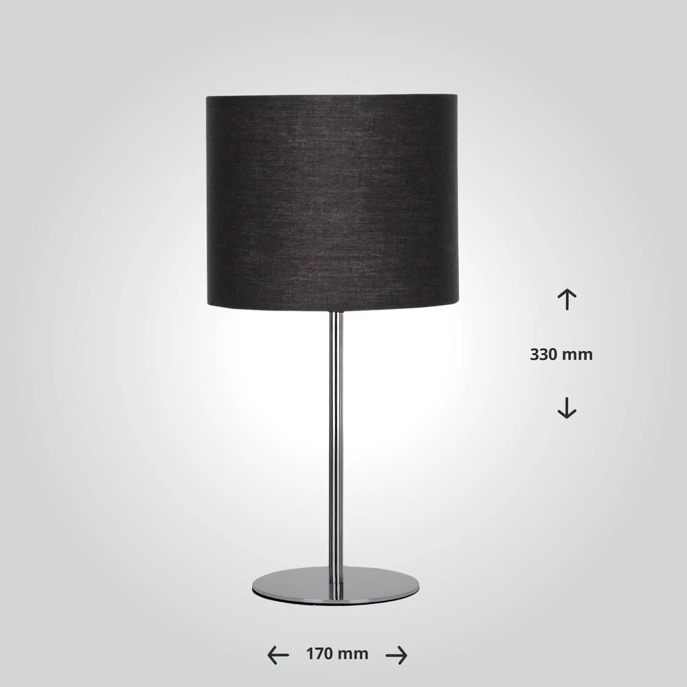 Tischleuchte Mit Metallfuß Chrom Und Stoffschirm Schwarz Sockel E14 B170xH330mm – Bild 5
