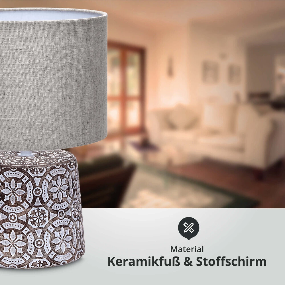Tischleuchte Aus Keramik Mit Stoffschirm Rund Sockel E14 Braun/gemustert L240xB240xH360mm – Bild 2