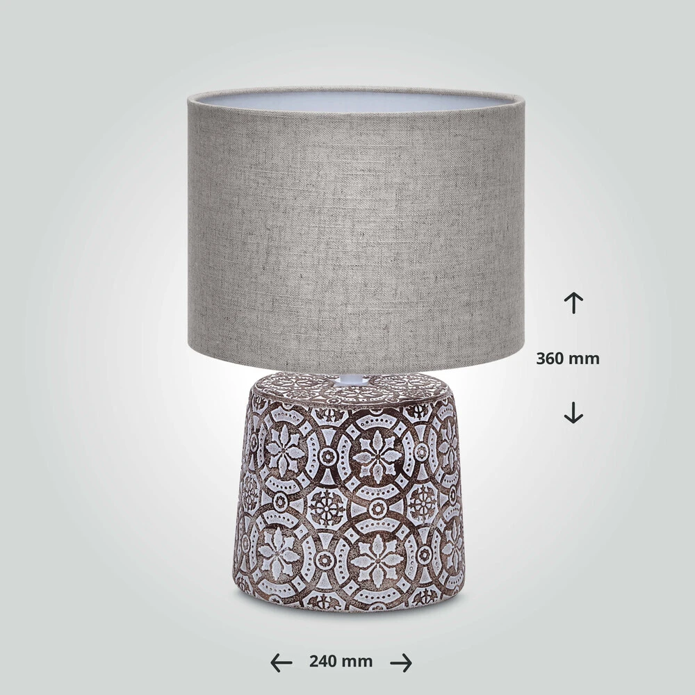 Tischleuchte Aus Keramik Mit Stoffschirm Rund Sockel E14 Braun/gemustert L240xB240xH360mm – Bild 4
