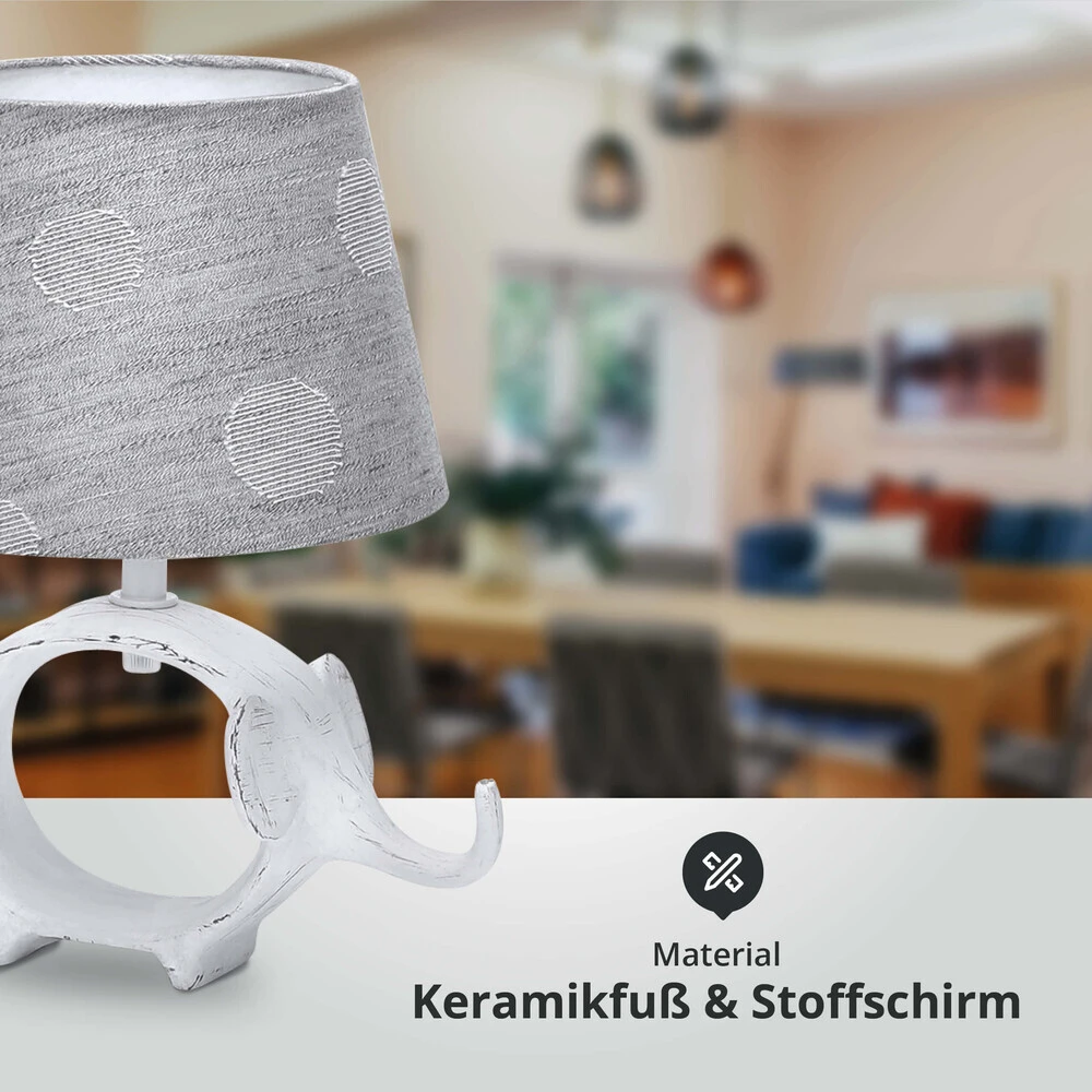 Tischleuchte Aus Keramik Mit Stoffschirm Rund Sockel E14 Grau/weiß/Elefant Vintage L170xB170xH250mm – Bild 2
