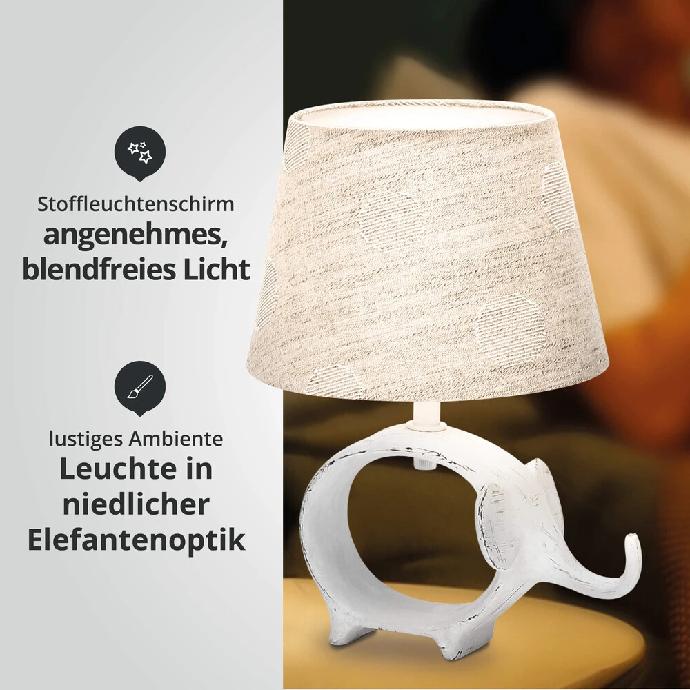 Tischleuchte Aus Keramik Mit Stoffschirm Rund Sockel E14 Grau/weiß/Elefant Vintage L170xB170xH250mm – Bild 3