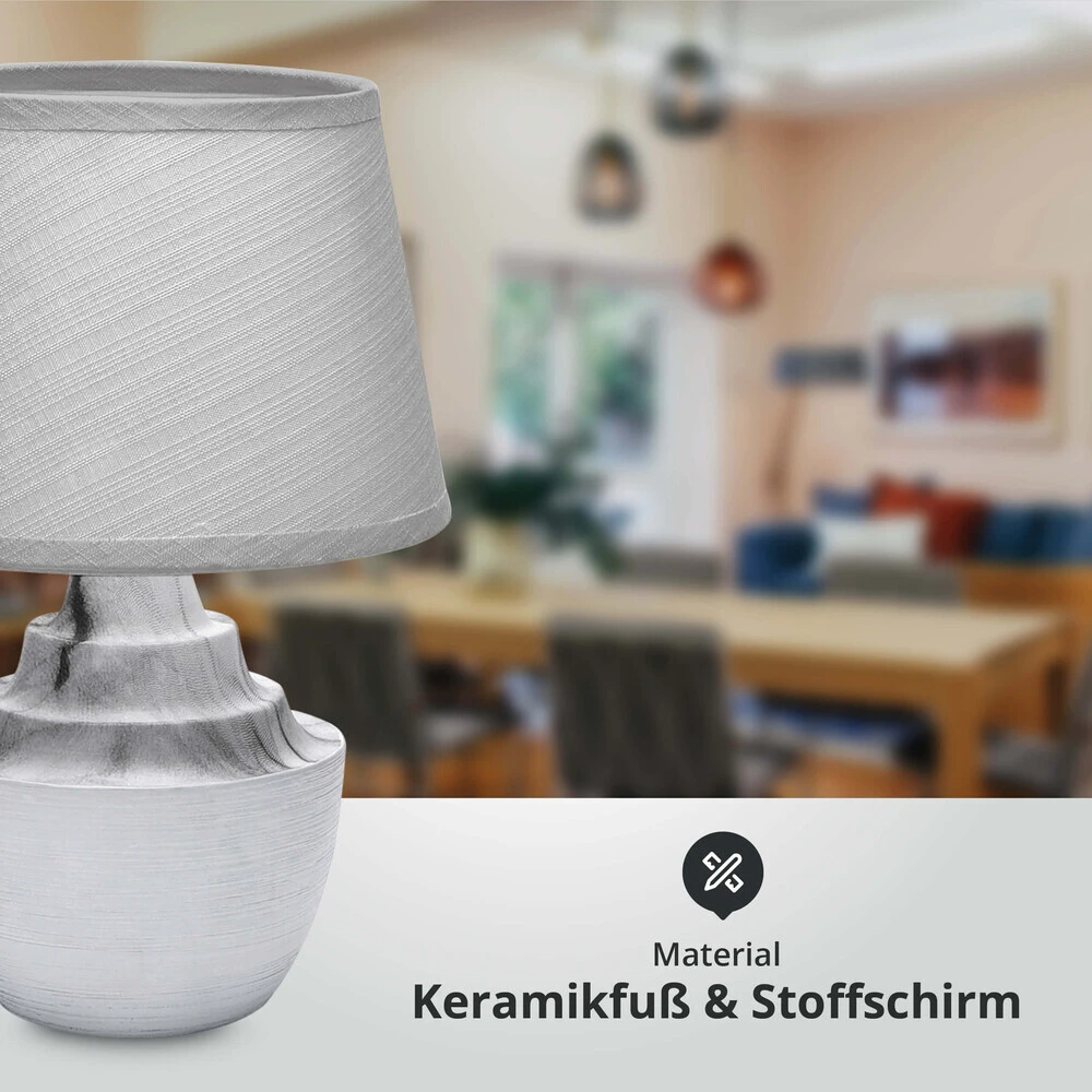 Tischleuchte Aus Keramik Mit Stoffschirm Rund Sockel E14 Grau/weiß/marmor L200xB200xH290mm – Bild 3