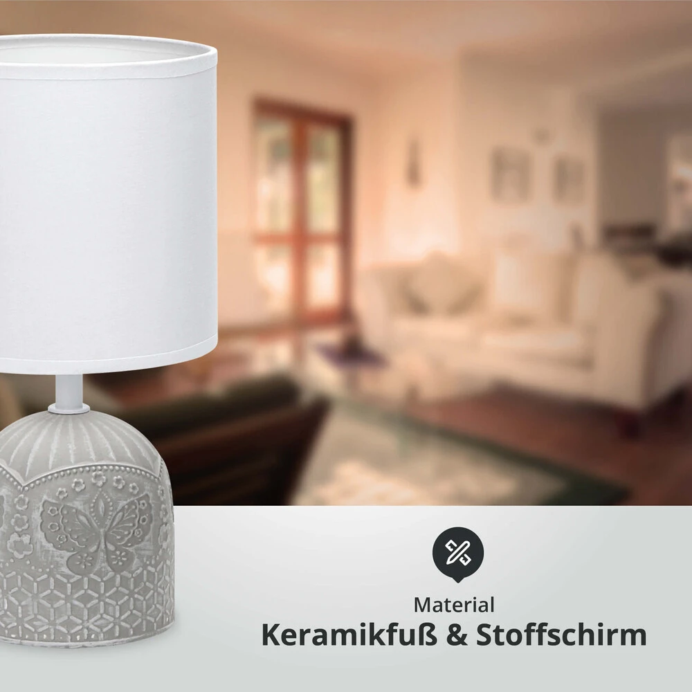 Tischleuchte Aus Keramik Mit Stoffschirm Rund Sockel E14 Weiß/grau/gemustert L130xB130xH260mm – Bild 4