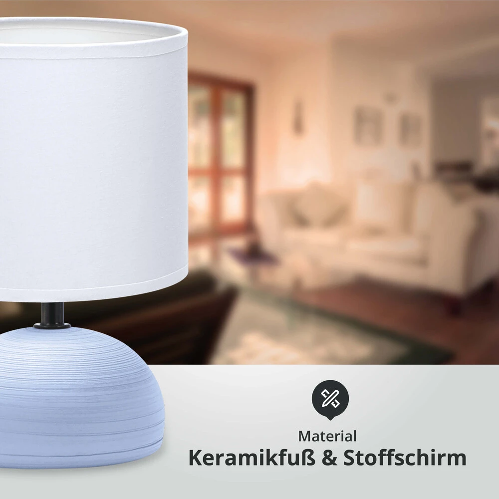 Tischleuchte Aus Keramik Mit Stoffschirm Rund Sockel E14 Weiß/hellblau L140xB140xH230mm – Bild 4