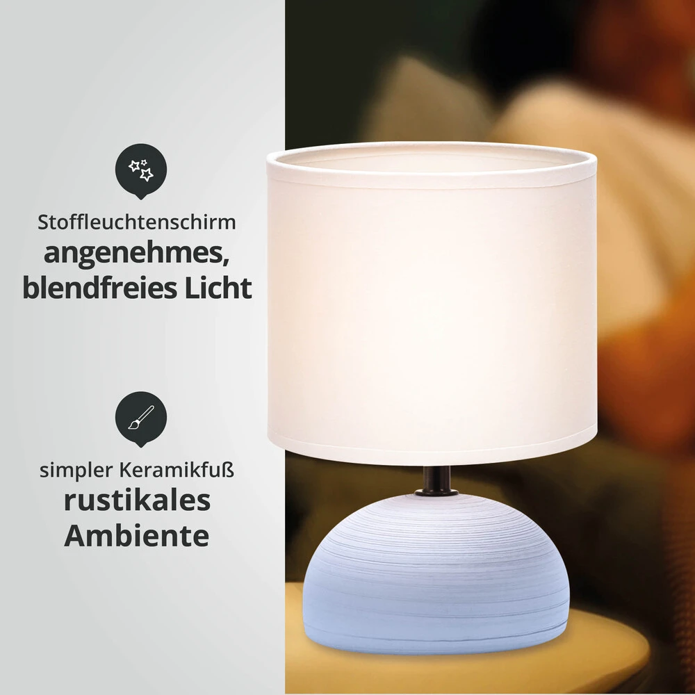 Tischleuchte Aus Keramik Mit Stoffschirm Rund Sockel E14 Weiß/hellblau L140xB140xH230mm – Bild 5