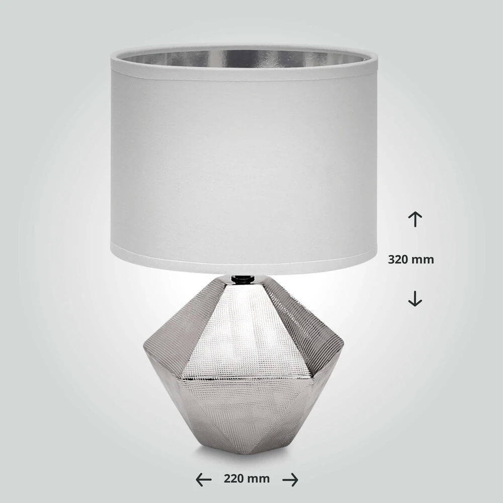 Tischleuchte Aus Keramik Mit Stoffschirm Rund Sockel E14 Weiß/silber L220xB220xH320mm – Bild 3