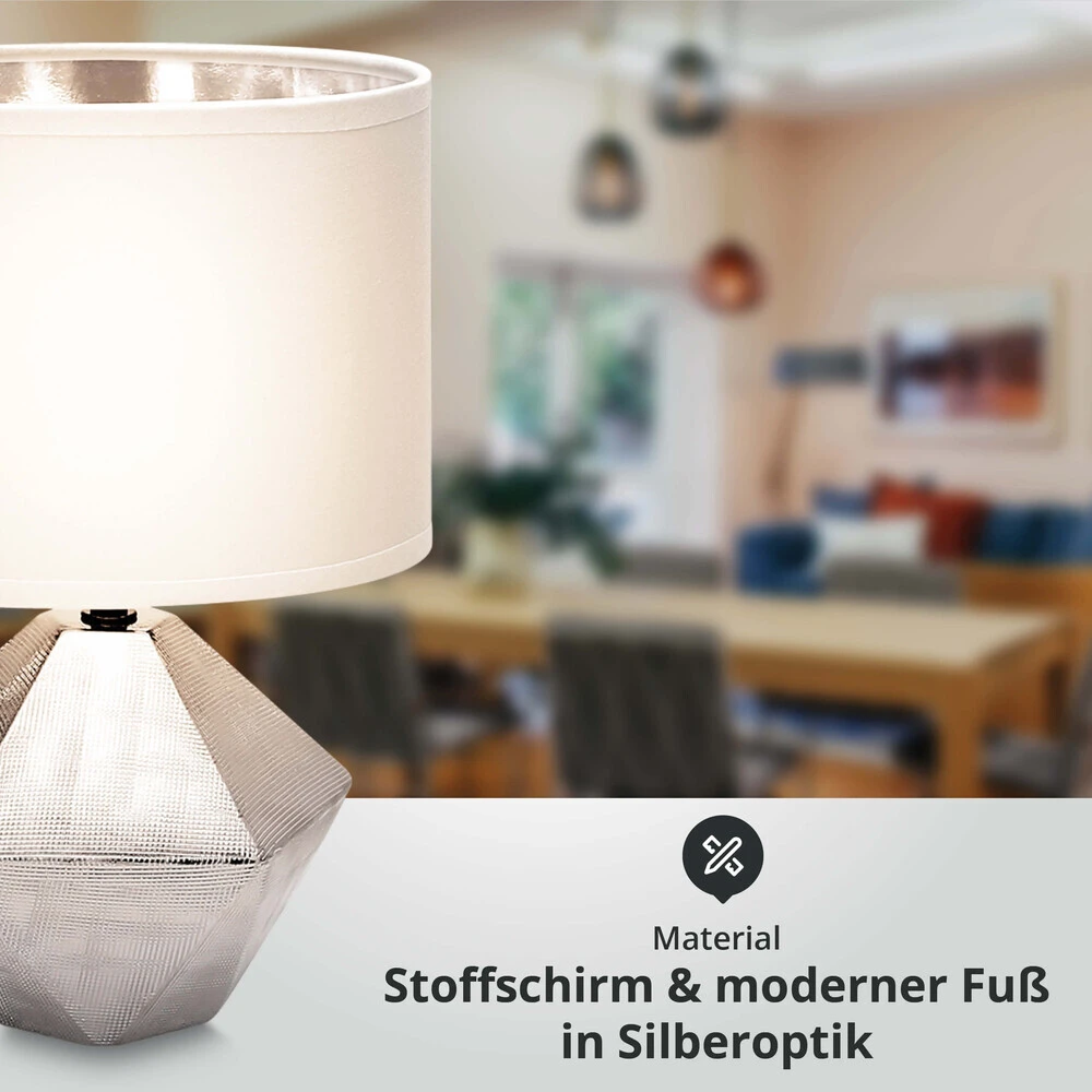 Tischleuchte Aus Keramik Mit Stoffschirm Rund Sockel E14 Weiß/silber L220xB220xH320mm – Bild 4