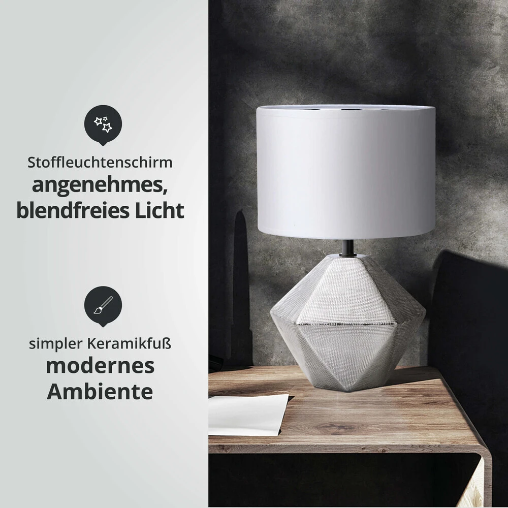 Tischleuchte Aus Keramik Mit Stoffschirm Rund Sockel E14 Weiß/silber L220xB220xH320mm – Bild 6
