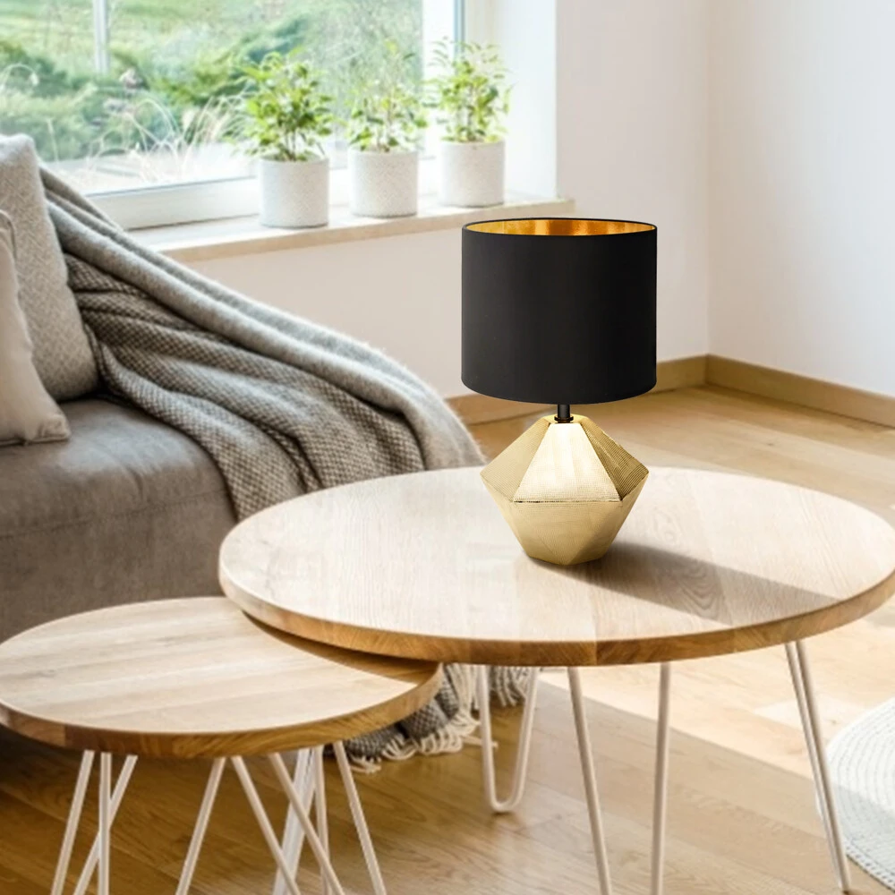 Tischleuchte Aus Keramik Mit Stoffschirm Rund Sockel E14 Gold/schwarz L150xL150xH250mm – Bild 2
