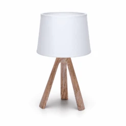 Tischleuchte Mit Fuß Aus Kunstharz Holzoptik Mit Stoffschirm Weiß Sockel E14 L180xB180xH310mm