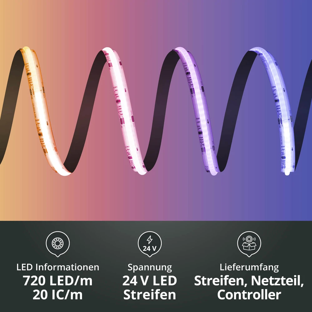 Premium 24V Digitaler IC RGB COB Streifen SET Inkl. Installationsnetzteil Tuya WiFi Controller Mit Fernbedienung 1 M – Bild 3