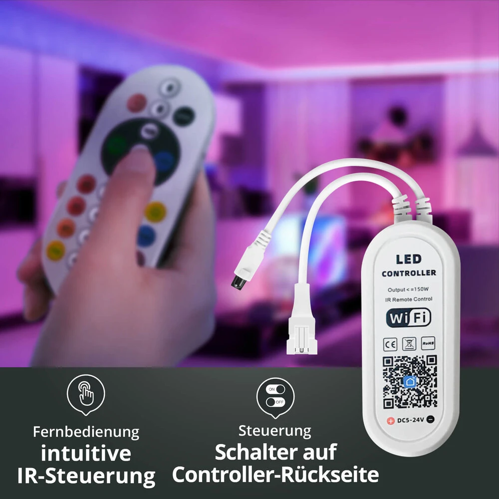 Premium 24V Digitaler IC RGB COB Streifen SET Inkl. Installationsnetzteil Tuya WiFi Controller Mit Fernbedienung 1 M – Bild 7