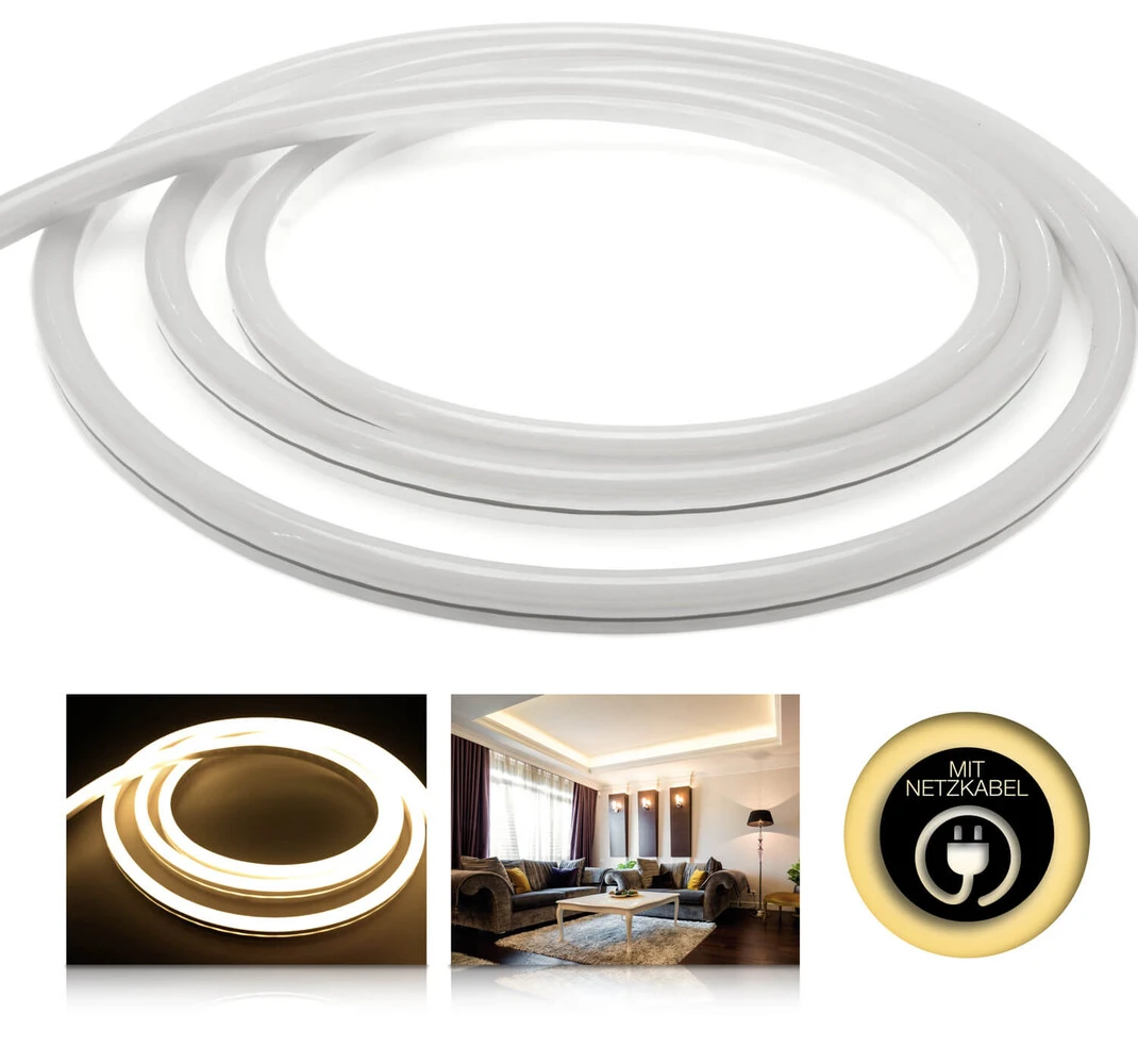 Professional 230V LED NeonFlex Streifen IP66 Warmweiß SET 1m, Netzanschlusskabel DE 80 Cm
