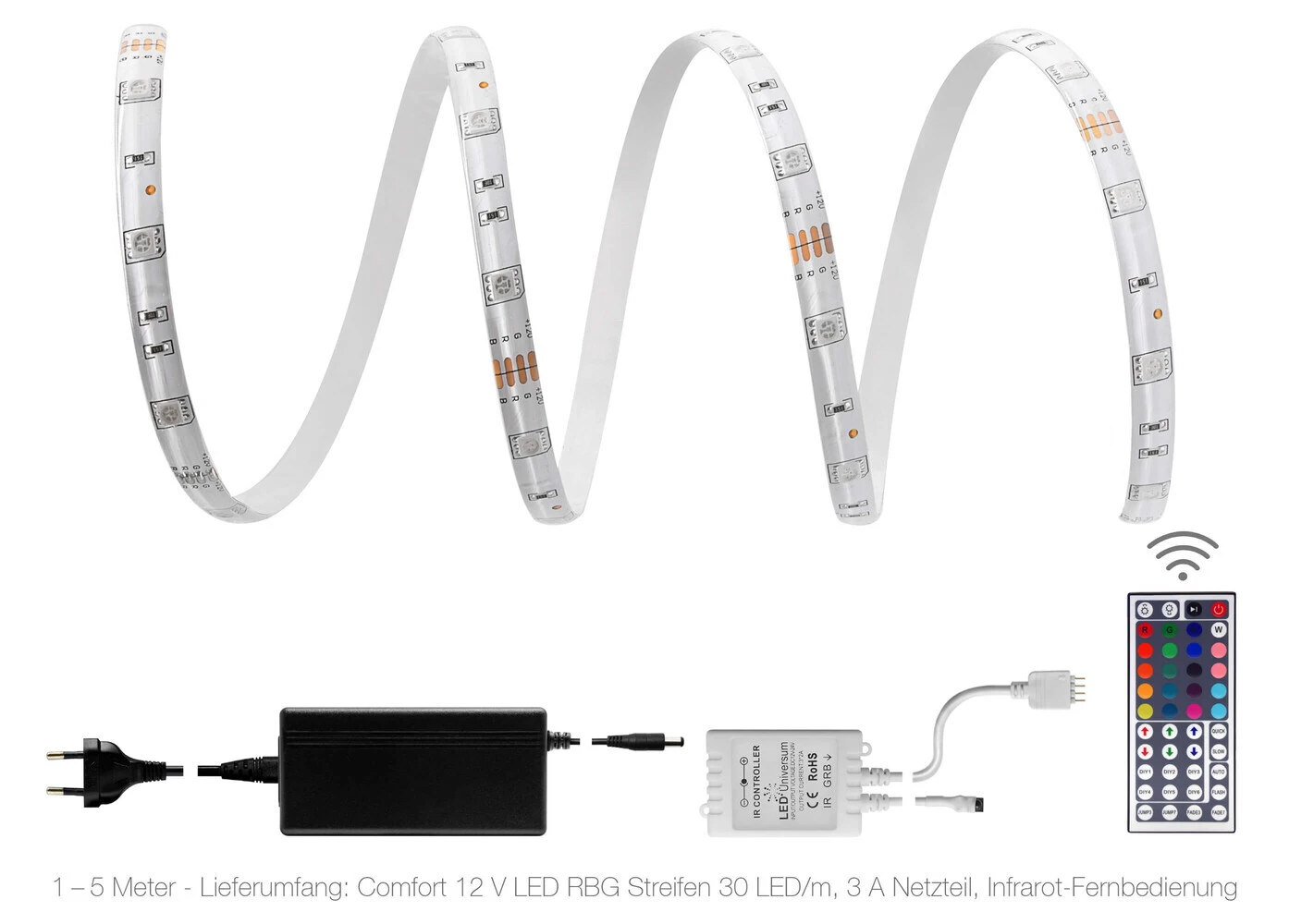 Comfort 12V LED Streifen IP65 RGB 30 LED/m 5050 IR-SET Mit 44 Tasten Fernbedienung & Netzteil 1m – Bild 7