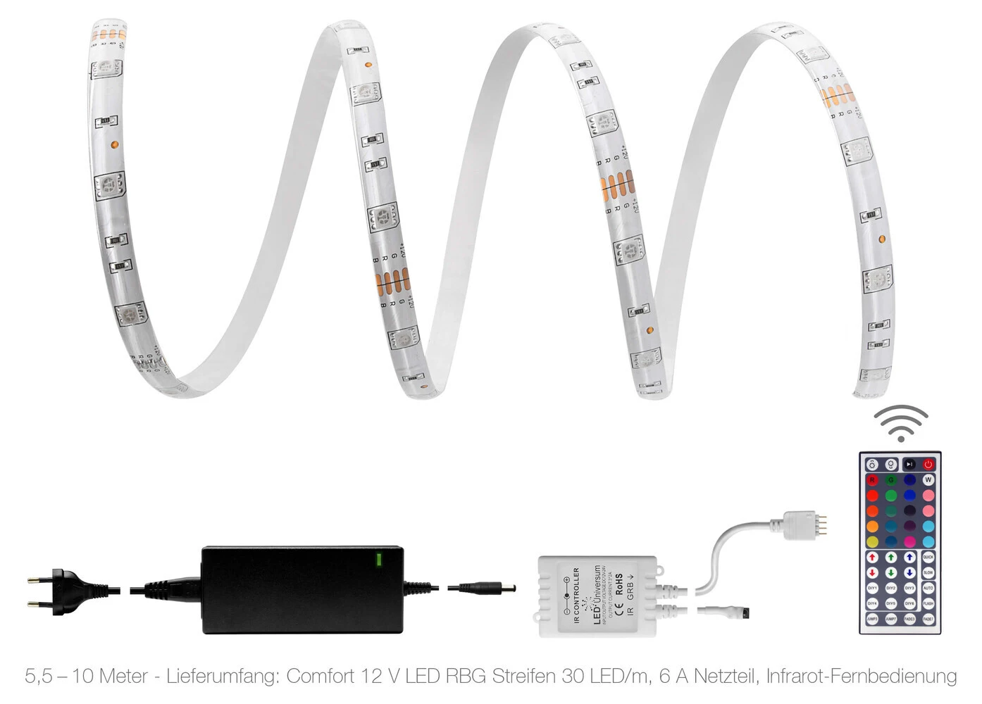 Comfort 12V LED Streifen IP65 RGB 30 LED/m 5050 IR-SET Mit 44 Tasten Fernbedienung & Netzteil 1m – Bild 9
