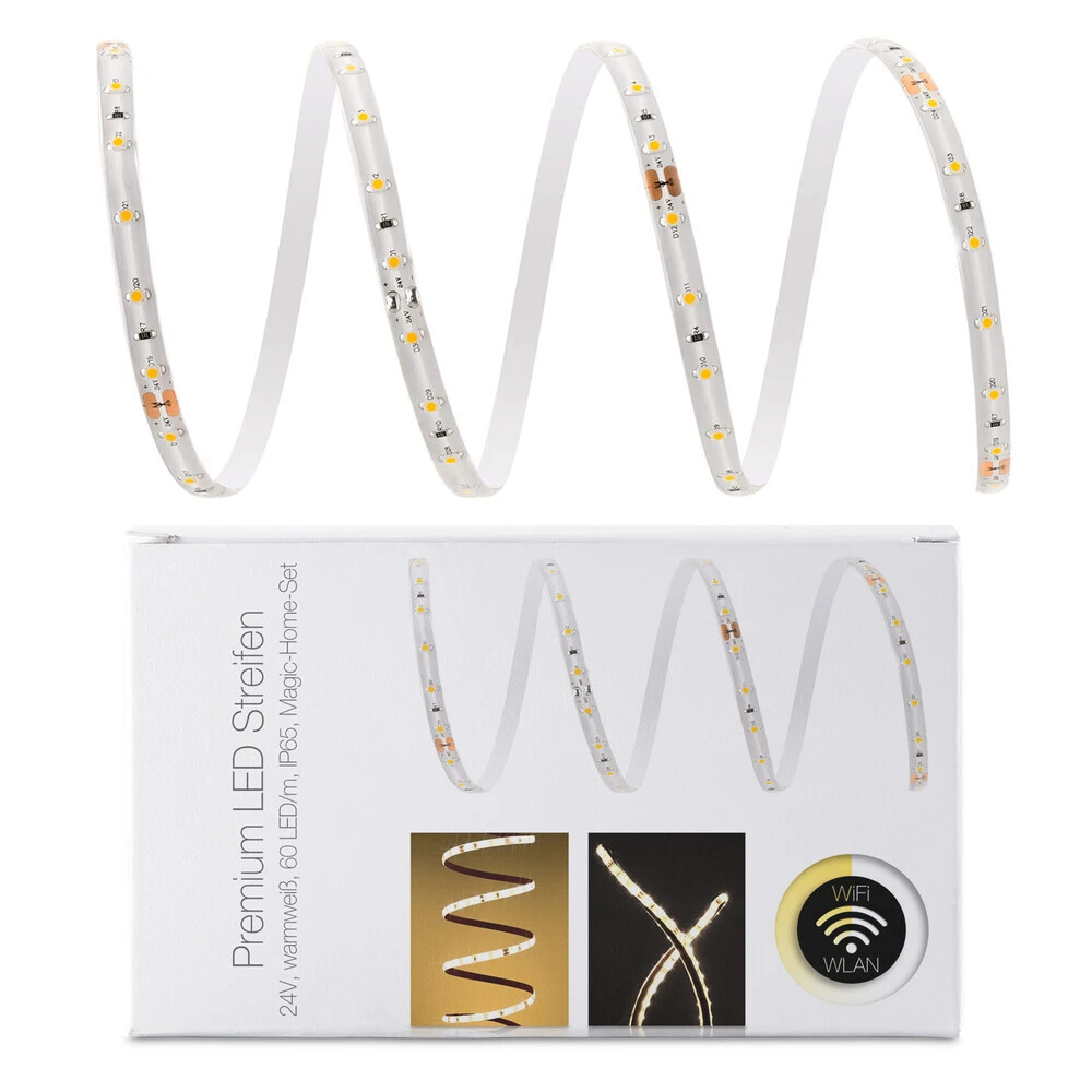 Premium 24V LED Streifen IP65 Warmweiß 60 LED/m 3528 WLAN-SET Magic Home & Netzteil 26m