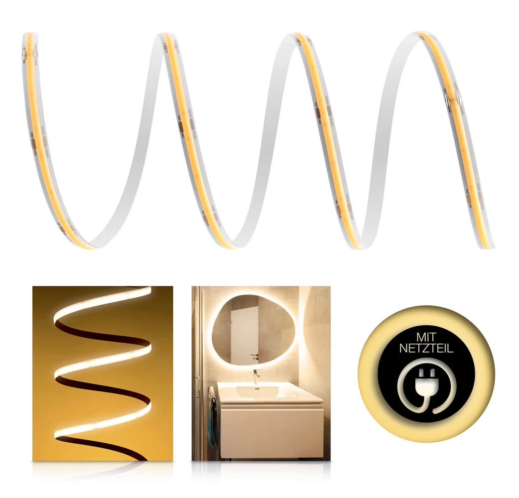 Premium 24V COB LED Streifen IP65 Warmweiß SET Netzteil 1-7m 72W 1m