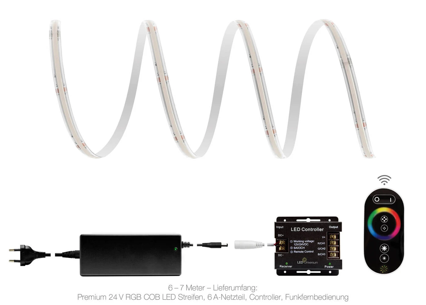 Premium 24V RGB COB LED Streifen IP65 Funk-Set & Netzteil 1m – Bild 10
