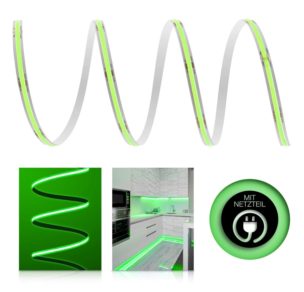 Premium 24V COB LED Streifen IP20 Grün SET Netzteil 1-7m 72W 1m