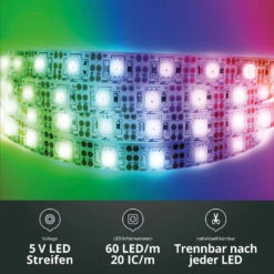 SET 5V RGB IC LED Streifen, IP20, 60 LED/m, 60 IC/m, Weiß 0,5 M Bluetooth USB Smarthome Steuerung Steckernetzteil 4A